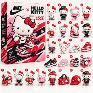 Nike Hello Kitty Collector Edition 2026 Advent Calendar - box beside all 24 designs in a grid