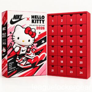 Nike Hello Kitty Collector Edition 2026 Advent Calendar - box front beside a red tray of 24 doors