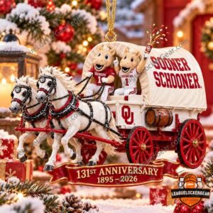 Oklahoma Sooners 131st Anniversary 2026 Christmas Ornament - front view with wagon design