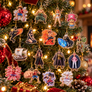 One Piece 30th Anniversary Advent Calendar - character ornaments hanging on a Christmas tree