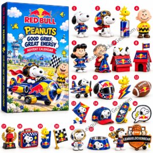 Peanuts Snoopy x Red Bull 2026 Advent Calendar - front box and collectible lineup