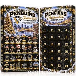 Pittsburgh Penguins Christmas 2026 Advent Calendar - black and gold box with Pens lineup and 24 doors