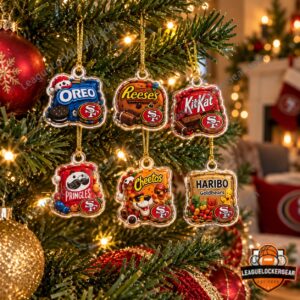 49ers snack-pack charms hanging on a Christmas tree from gold cords