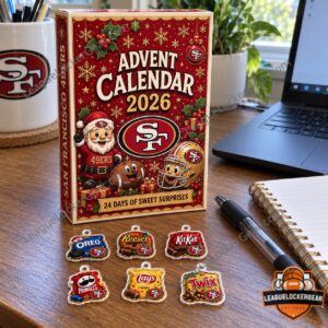 49ers Candy Snack advent calendar on a desk with six charms laid out in front