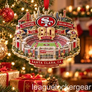 49ers 80th Anniversary Levi's Stadium Christmas Ornament - close view of the front artwork