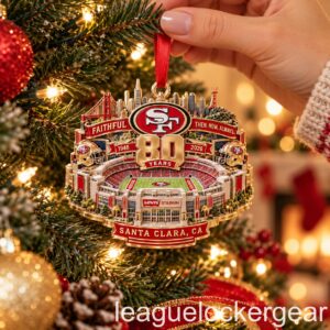 49ers 80th Anniversary Levi's Stadium Christmas Ornament - hanging from a red ribbon on a tree
