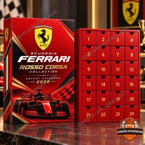 Scuderia Ferrari Rosso Corsa Collection 2026 Advent Calendar - Ferrari shield and front artwork close-up