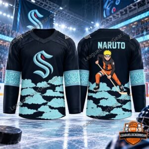 Black Seattle Kraken hockey jersey with Naruto on the back, front and back