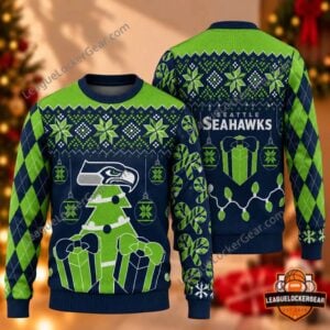 Seattle Seahawks Christmas 2026 Ugly Sweater - front and back views with holiday graphics