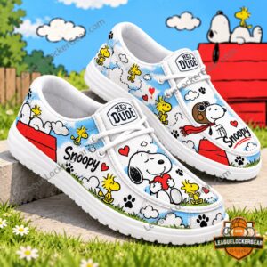 Snoopy Peanuts Comic Adventure Loafer Shoes - paired front and side view