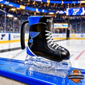 Blues ice skate mug in profile on the rink dasher boards