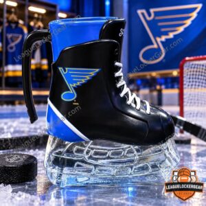 St. Louis Blues skate mug with Blue Note logo on a clear blade base on the ice