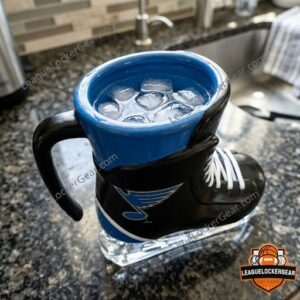 Blues skate mug filled with ice on a granite kitchen counter