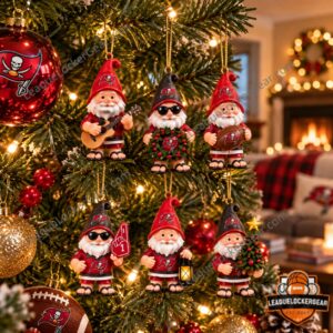 Buccaneers gnome designs in red and pewter hats hanging on a Christmas tree