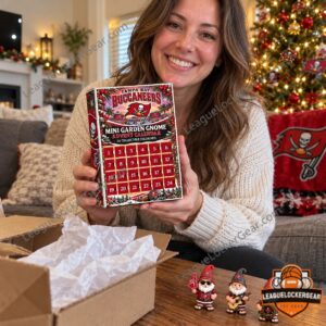Fan holding the Tampa Bay Buccaneers gnome advent calendar at home