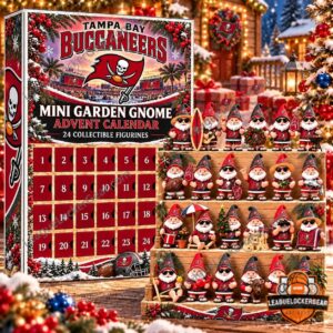 Buccaneers Mini Garden Gnome advent calendar box beside shelves of gnome designs