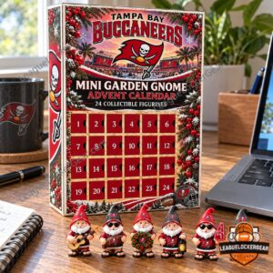 Buccaneers gnome advent calendar on a desk with a row of gnome designs in front