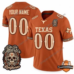 Texas Longhorns Dia de los Muertos Custom Football Jersey - front and back views with skull emblem