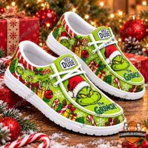 The Grinch Christmas Mischief Loafer Shoes - paired front and side view with holiday pattern