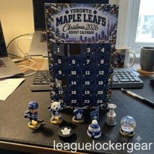 Toronto Maple Leafs Christmas 2026 Advent Calendar - box on a desk with Carlton the Bear and the Cup