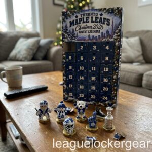 Toronto Maple Leafs Christmas 2026 Advent Calendar - box on a coffee table with seven Leafs designs