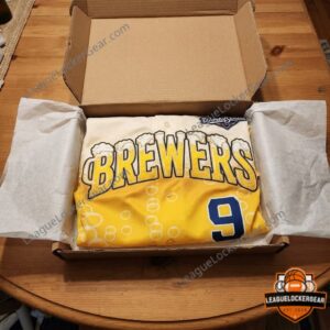 Brewers bubble-letter jersey folded in a gift box