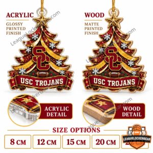 USC Trojans ornament in acrylic and wood versions with size options 8 to 22.8 cm
