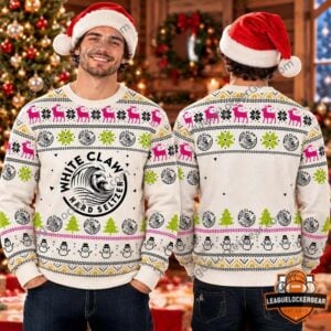 White Claw Christmas 2026 Ugly Sweater - front and back views showing festive all-over pattern
